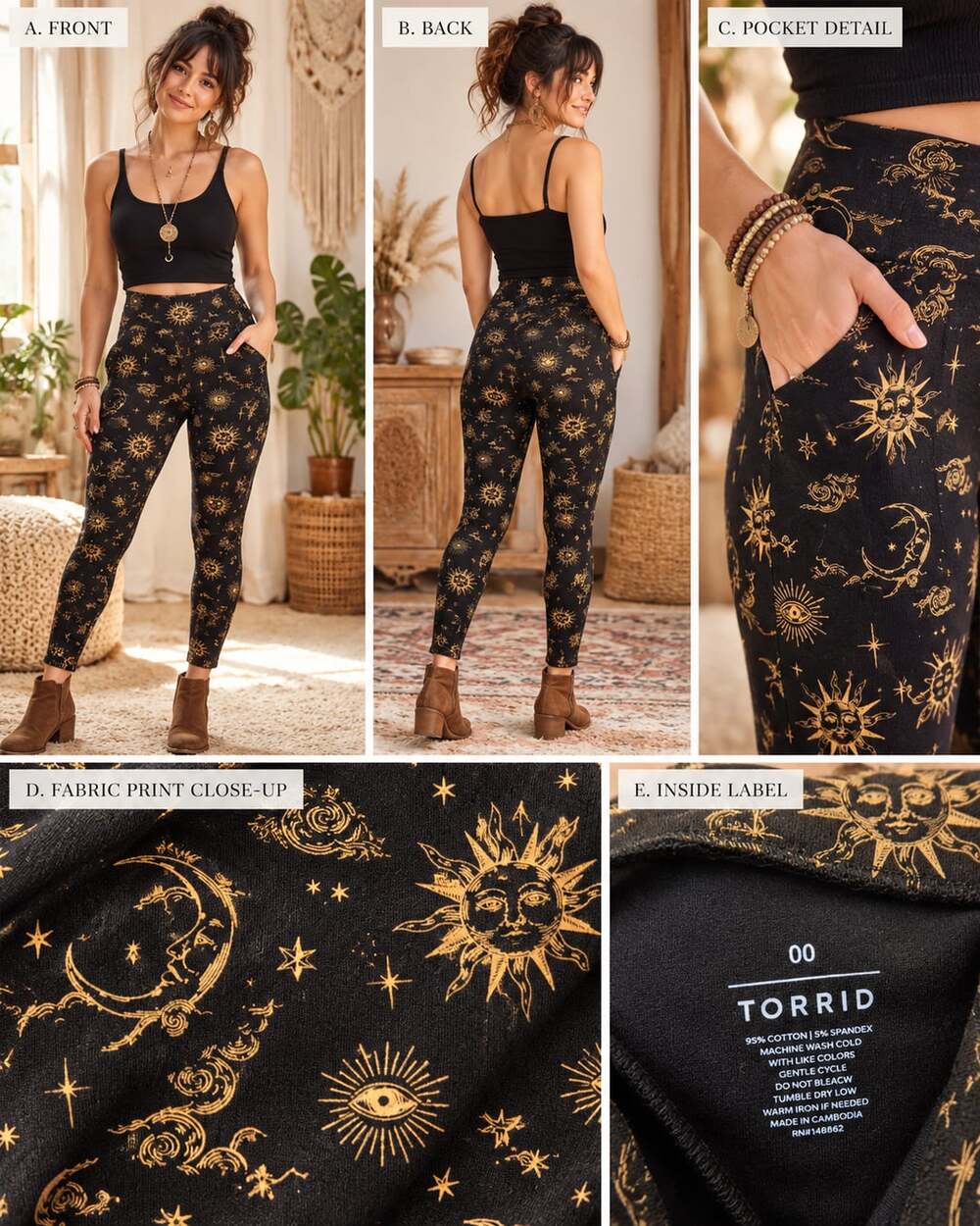 Torrid Leggings Size 00 Black Celestial Sun Moon Print Pockets